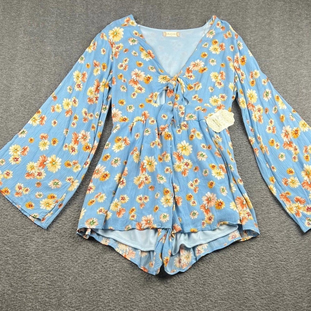 Altar'd State Women's Small Blue Floral Tie Front Long Sleeve Romper R36129-09A